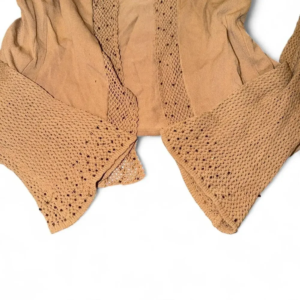 2000s Boho Fairy Tan Beaded Crochet Bell Sleeve Tie Front Blouse Cardigan Size M